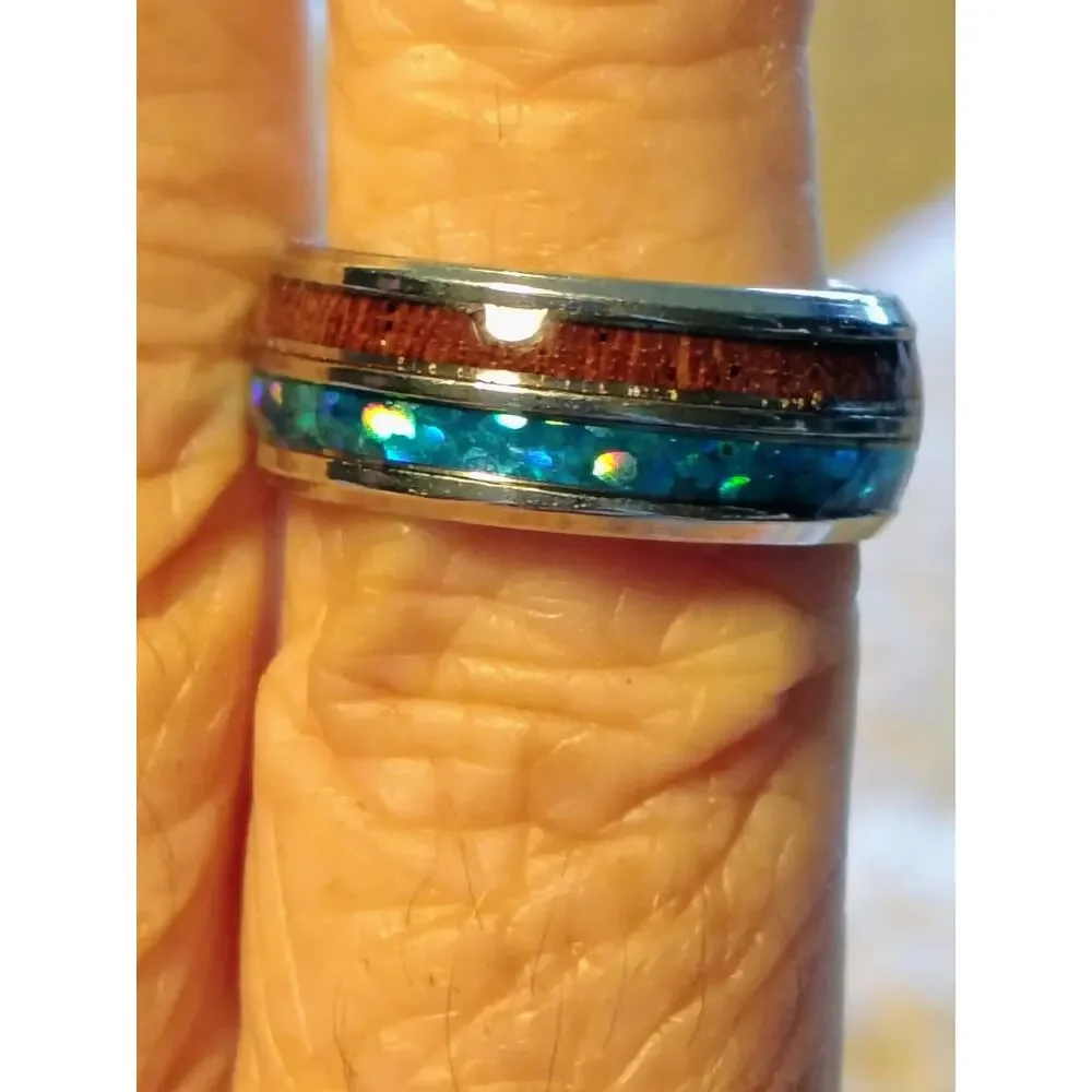 Blue Opal Koa Wood Inlay Comfort Band Ring Size 7